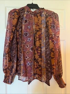 Floral Puff-Sleeve Blouse - Mauve & Mustard with Gold Accents